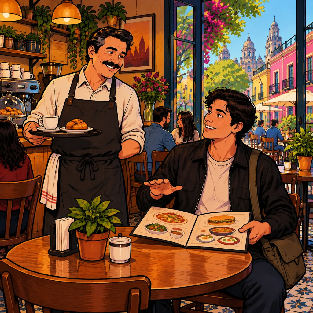 Justin encourages Michael to take his time while settling in to study the menu.