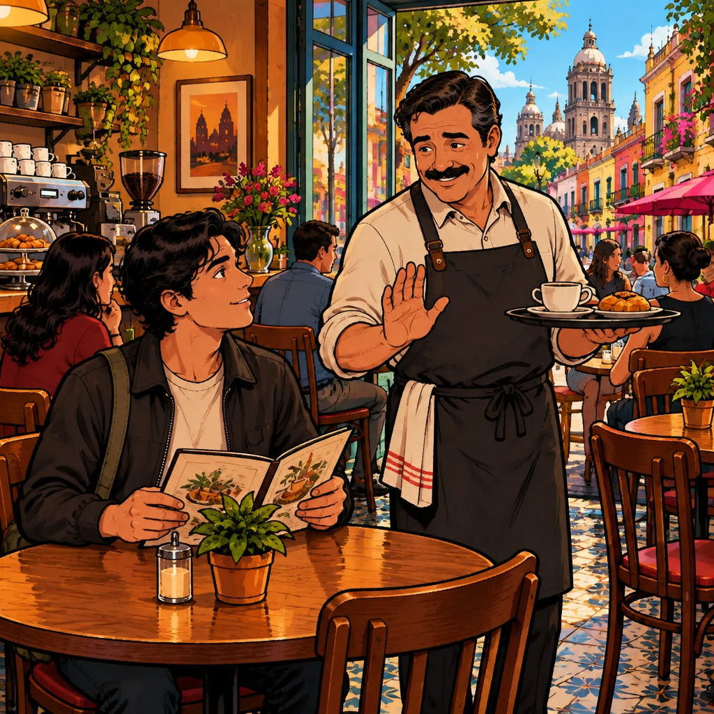 Michael asks Justin for a brief moment while keeping another customer's order balanced.