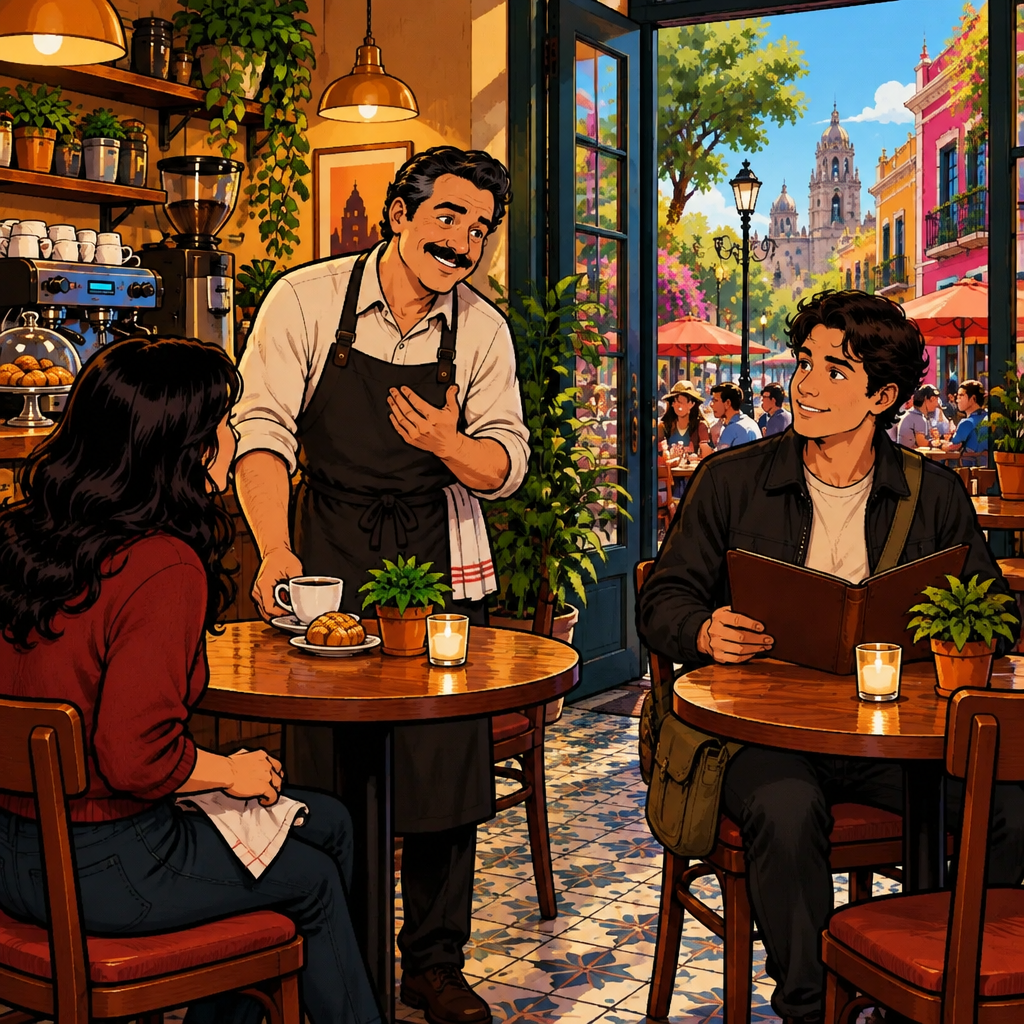 Michael politely asks Justin for a little more time as he finishes setting down the other customer's order.