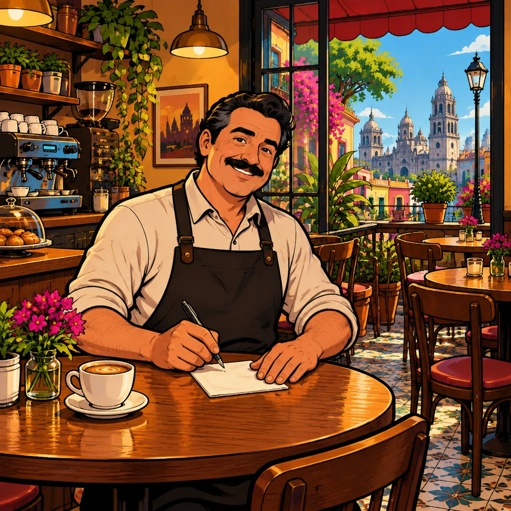 Michael holds his pen poised over a napkin and gives a confident nod to show he is ready.