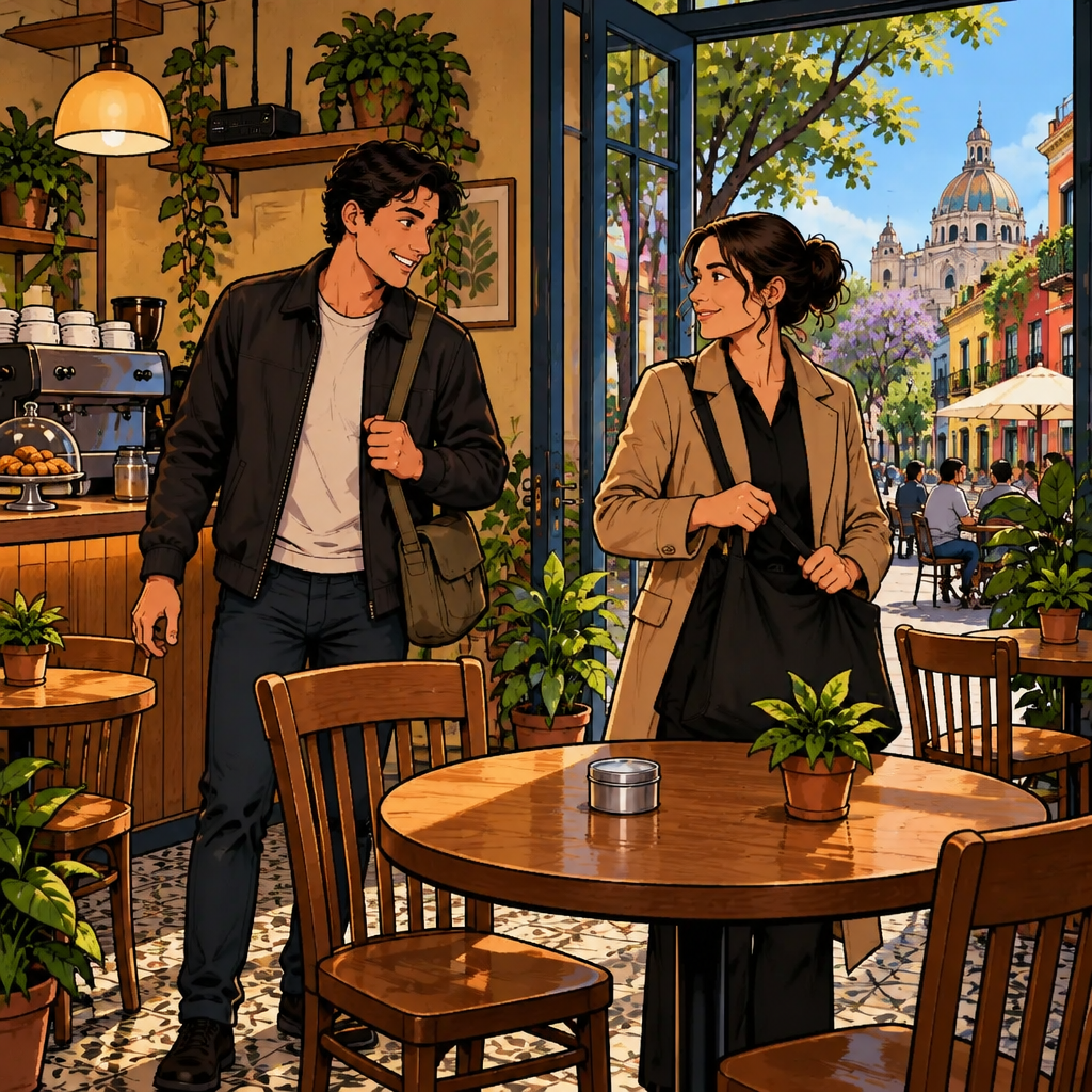 Justin waits near the café door while Amanda gathers her work bag, leaving a small tin on their table.