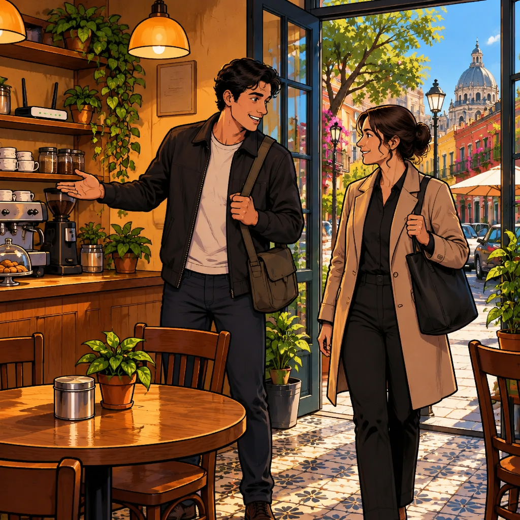 Justin turns back from the door and asks Amanda for a reminder, gesturing toward the Wi-Fi router and the forgotten tin.