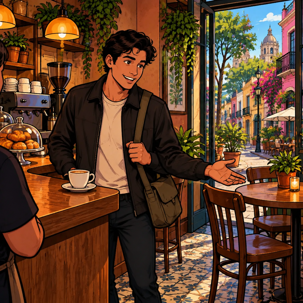 Justin says his order is for here while gesturing toward the café table, with his coffee in a ceramic cup.