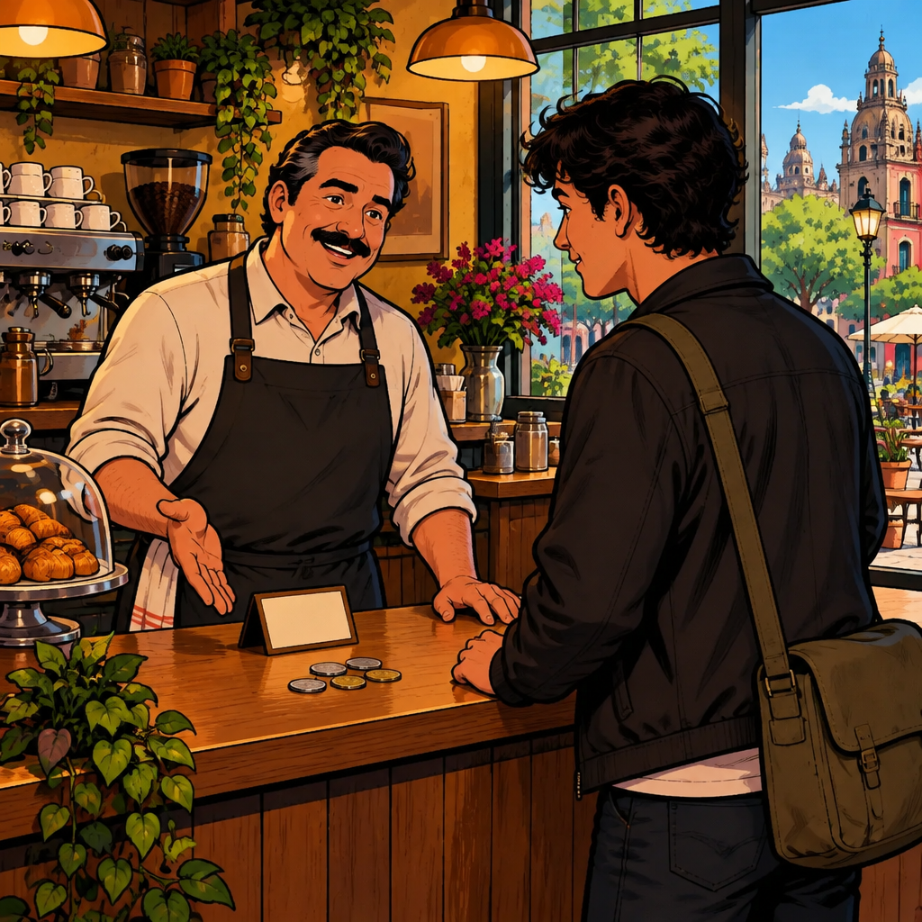Michael tells Justin the price in pesos while indicating the blank price label beside a small group of coins.