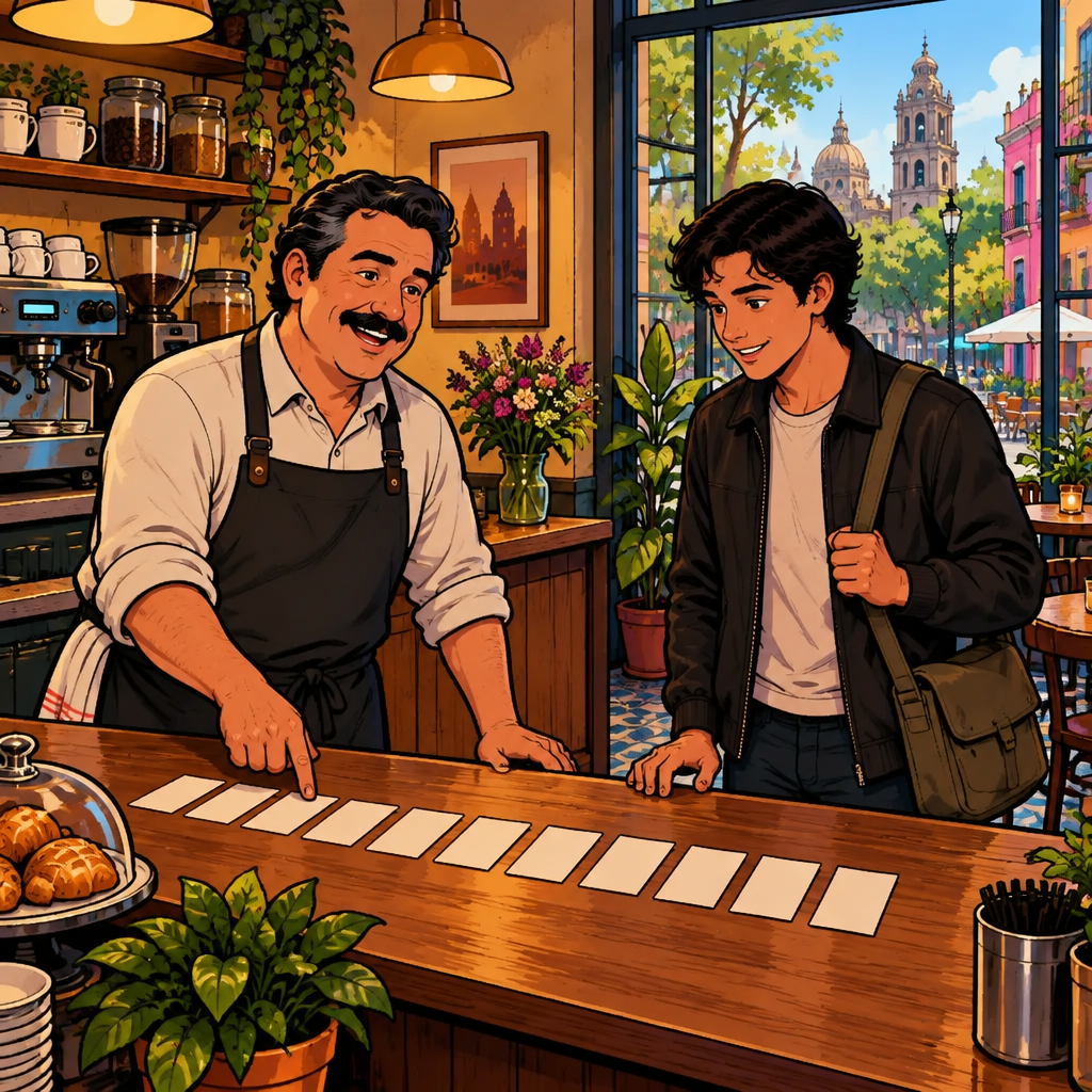 Michael counts through a row of ten blank order slips while Justin watches.