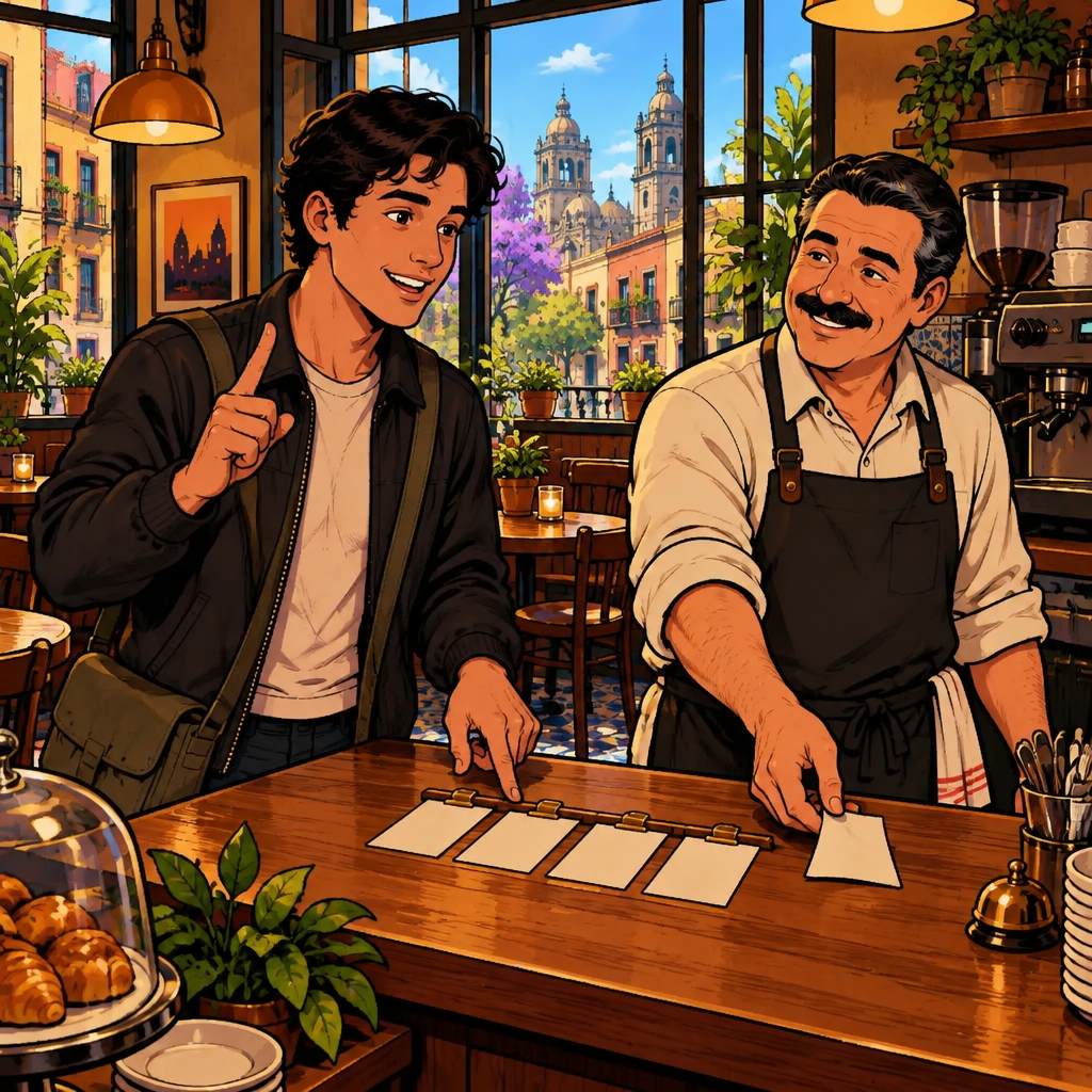 Justin requests one more order slip with a raised index finger while Michael reaches toward an extra slip.