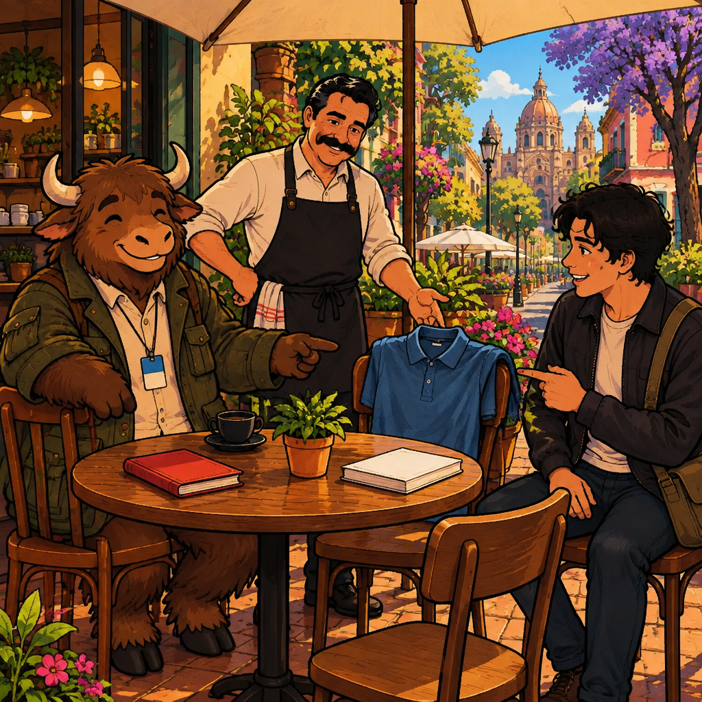 Justin sits beside an unoccupied chair draped with a blue polo shirt, Michael stands nearby, and brown Yako takes up two other chairs beside a table holding three colored objects.