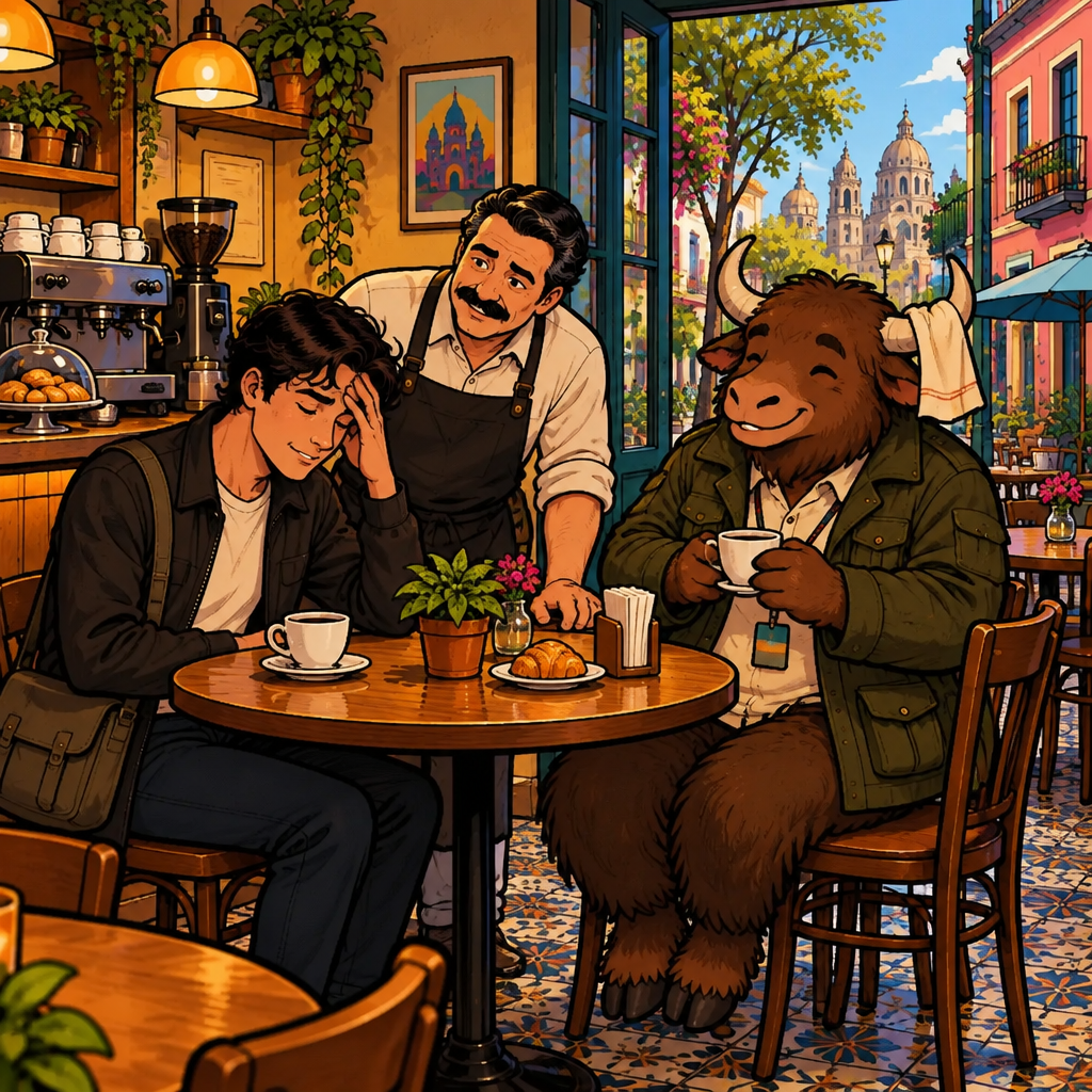 Justin rests a hand against his forehead while Michael checks on him and Yako sits nearby with a paper napkin draped over one horn.