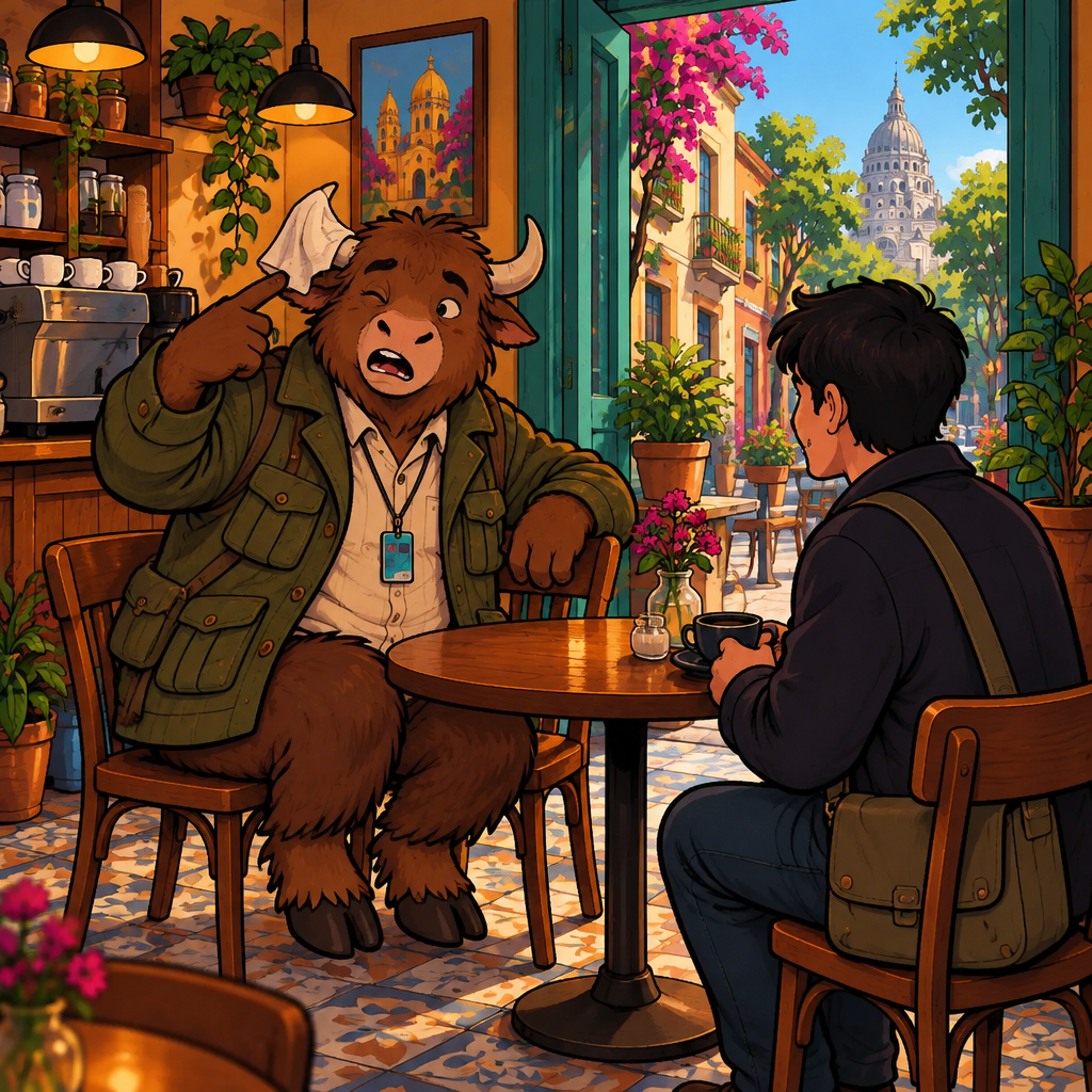 Yako theatrically claims discomfort while pointing to the paper napkin draped over his horn.