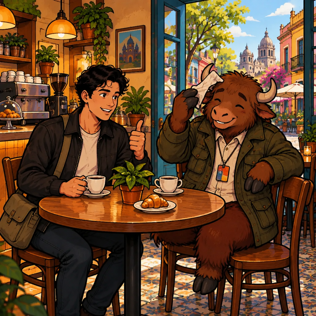Justin smiles reassuringly and gives a thumbs-up while Yako lifts the napkin off his unharmed horn.