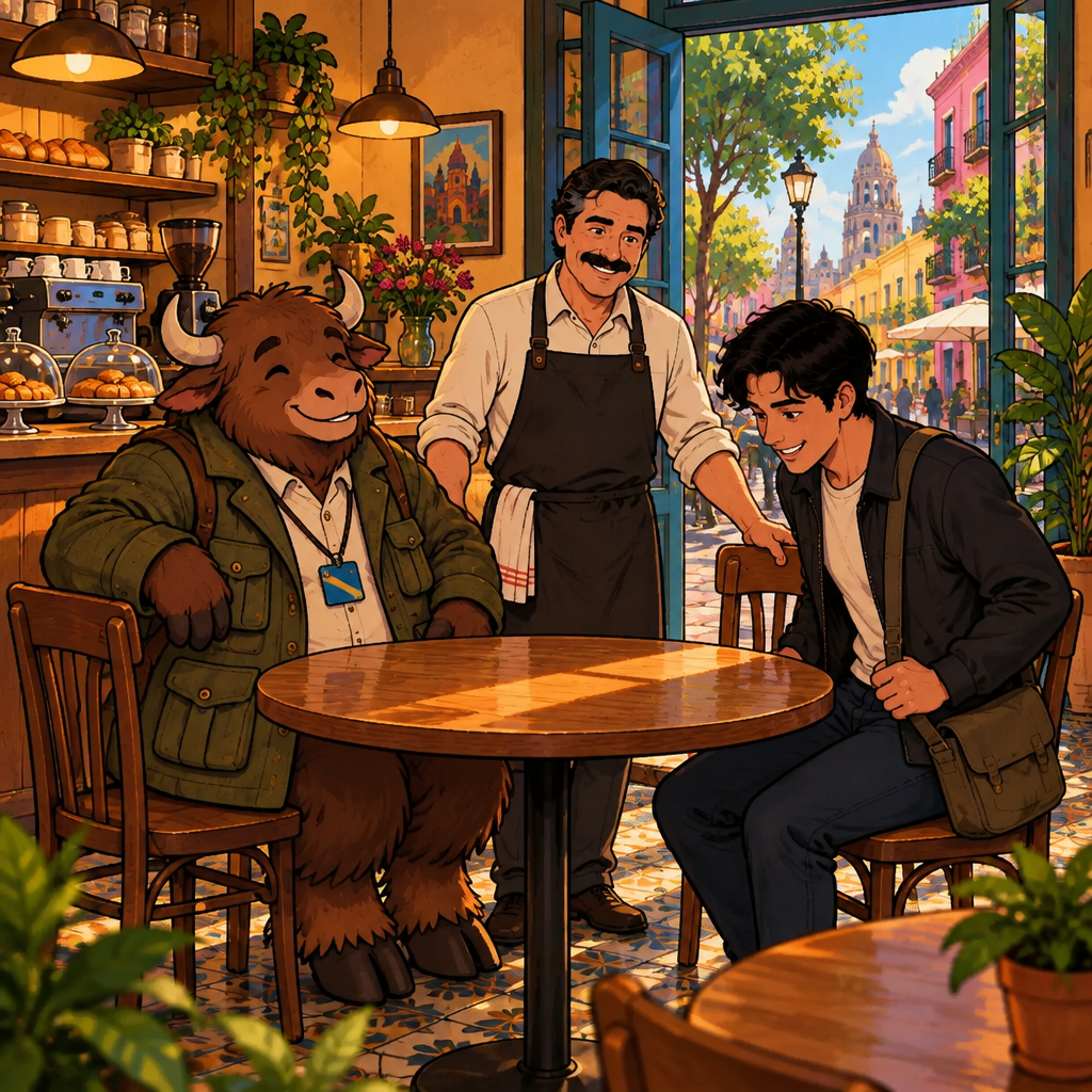 Justin is sitting down as Michael approaches the empty café table, while Yako looks toward bread behind the counter.
