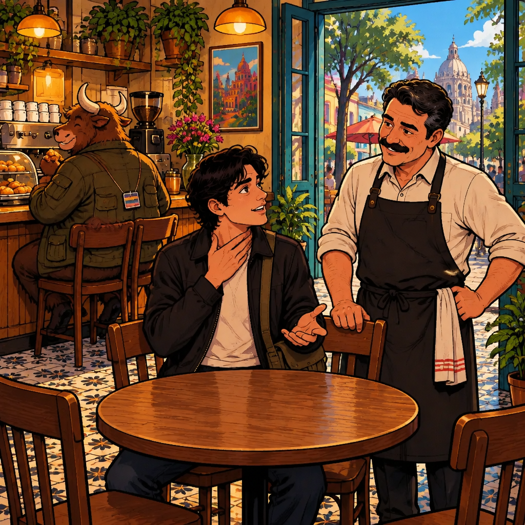 Justin tells Michael he is thirsty, lightly touching his throat while the table still has no drinks.