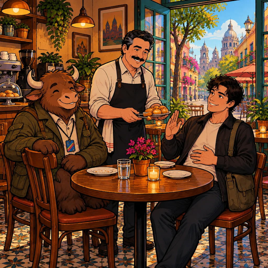 Justin politely declines more bread from Michael, raising a gentle refusal hand and resting his other hand on his full stomach.