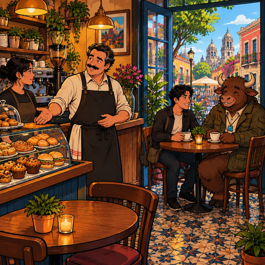 Michael asks a café worker what food is available, gesturing toward the food display while Justin and Yako remain at the table.