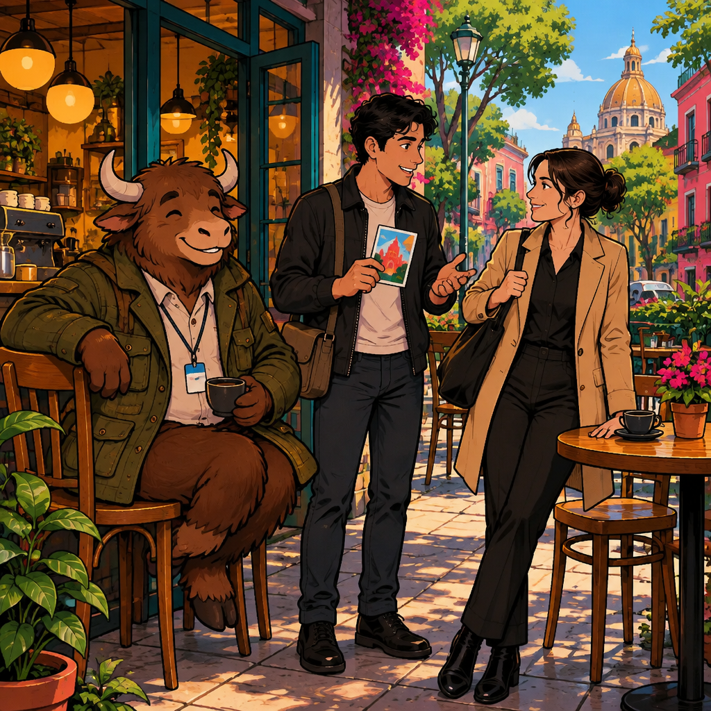 Justin checks local plans with Amanda while Yako balances on two chairs at once outside Café Laurel.