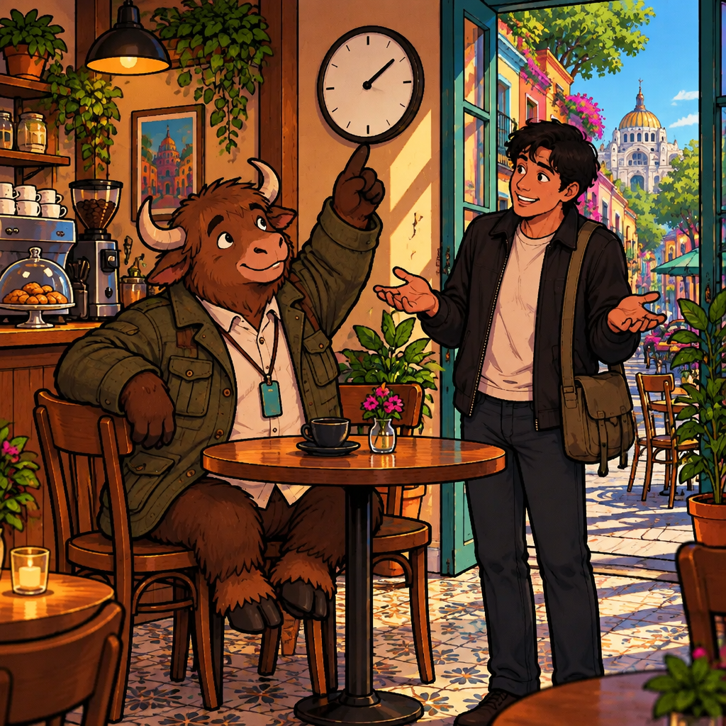 Yako asks what time it starts, pointing at a clock with hands and no numerals.