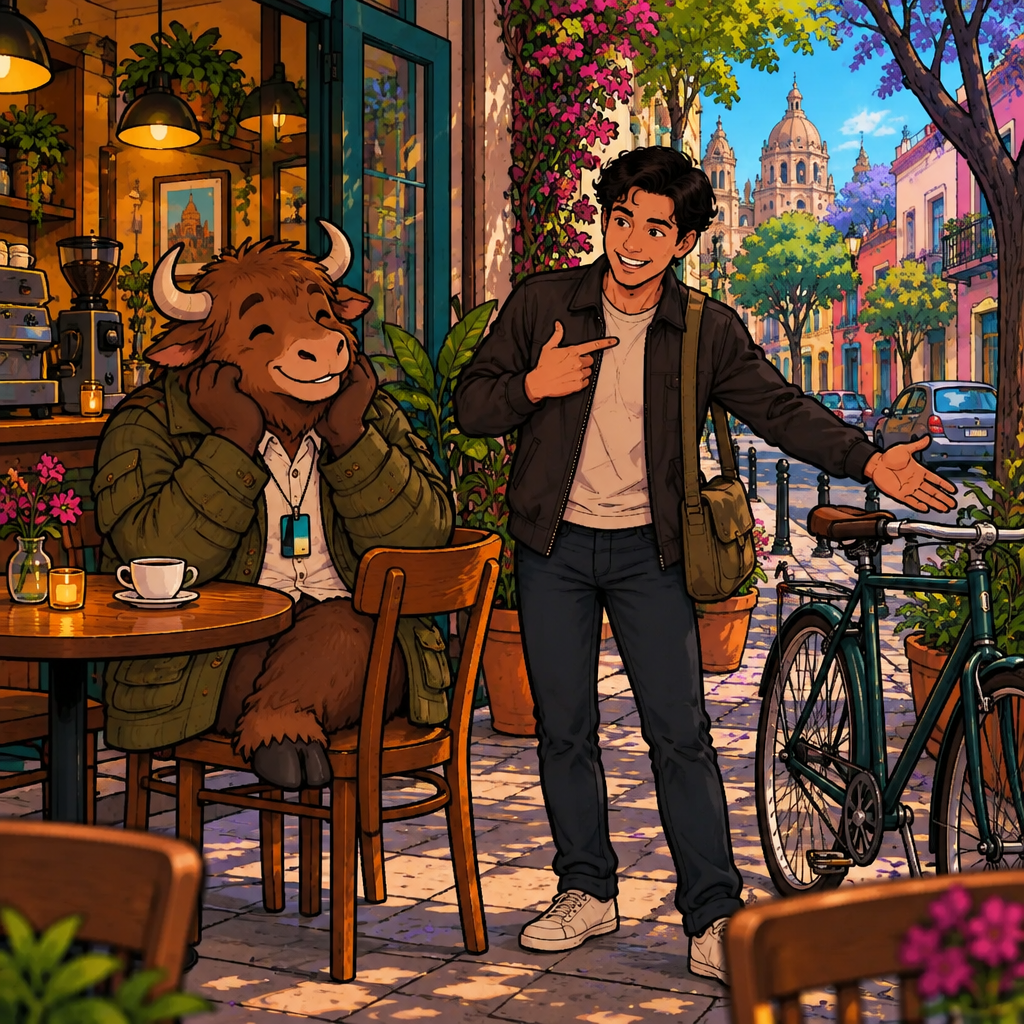 Justin offers to pick Yako up, pointing at himself and a bicycle.