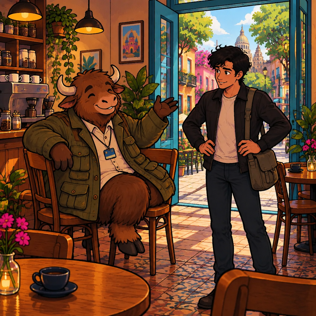 Yako prefers staying in, gesturing at his cozy chair setup.