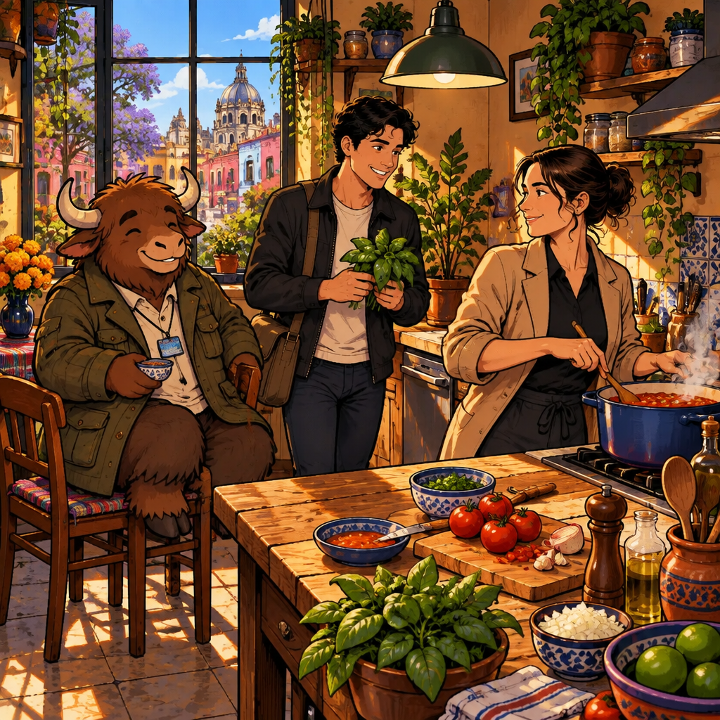 Amanda cooks in a warm busy kitchen while Justin brings a final ingredient and Yako watches beside the stove.