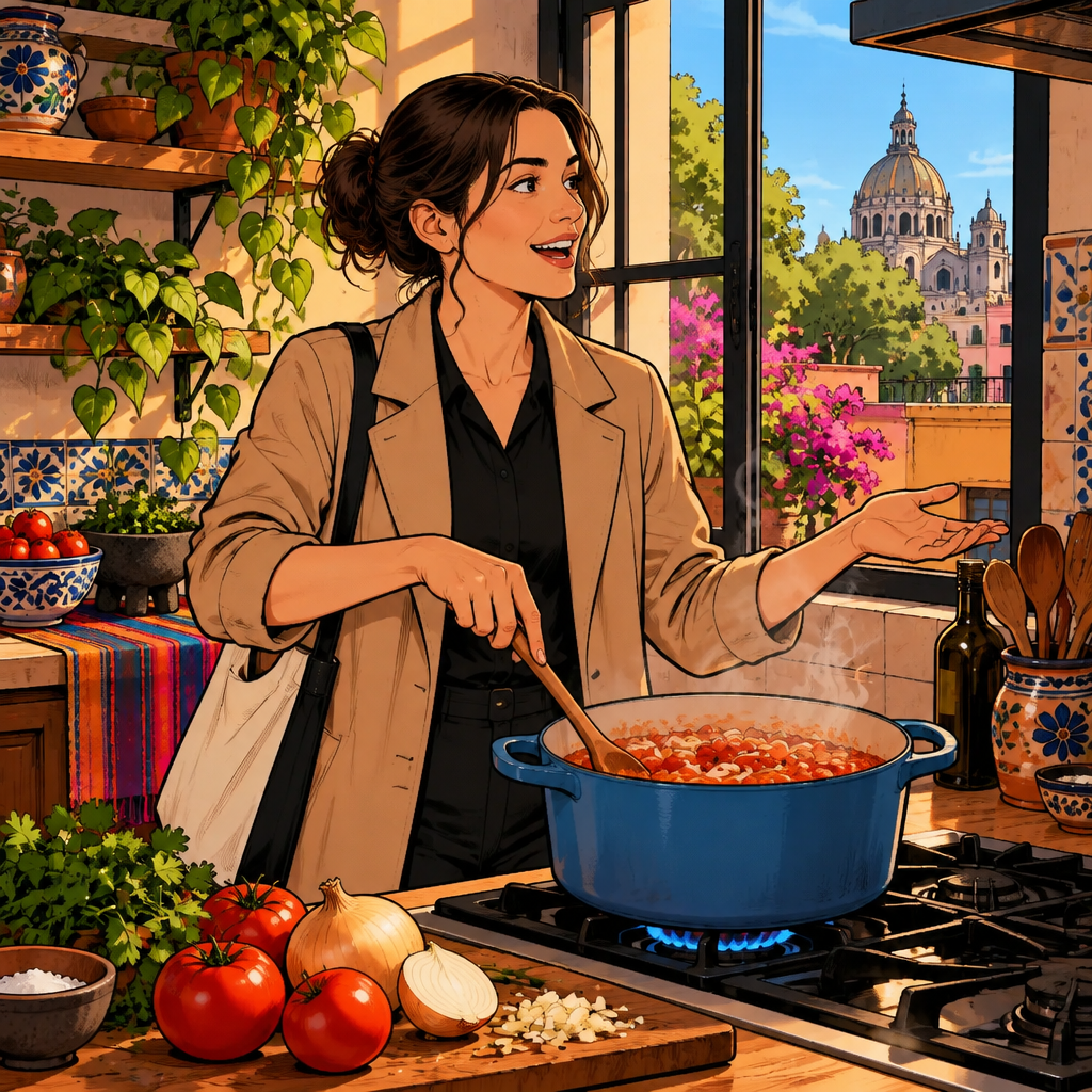 Amanda speaks while stirring the bubbling pot and gestures toward the food she is making.