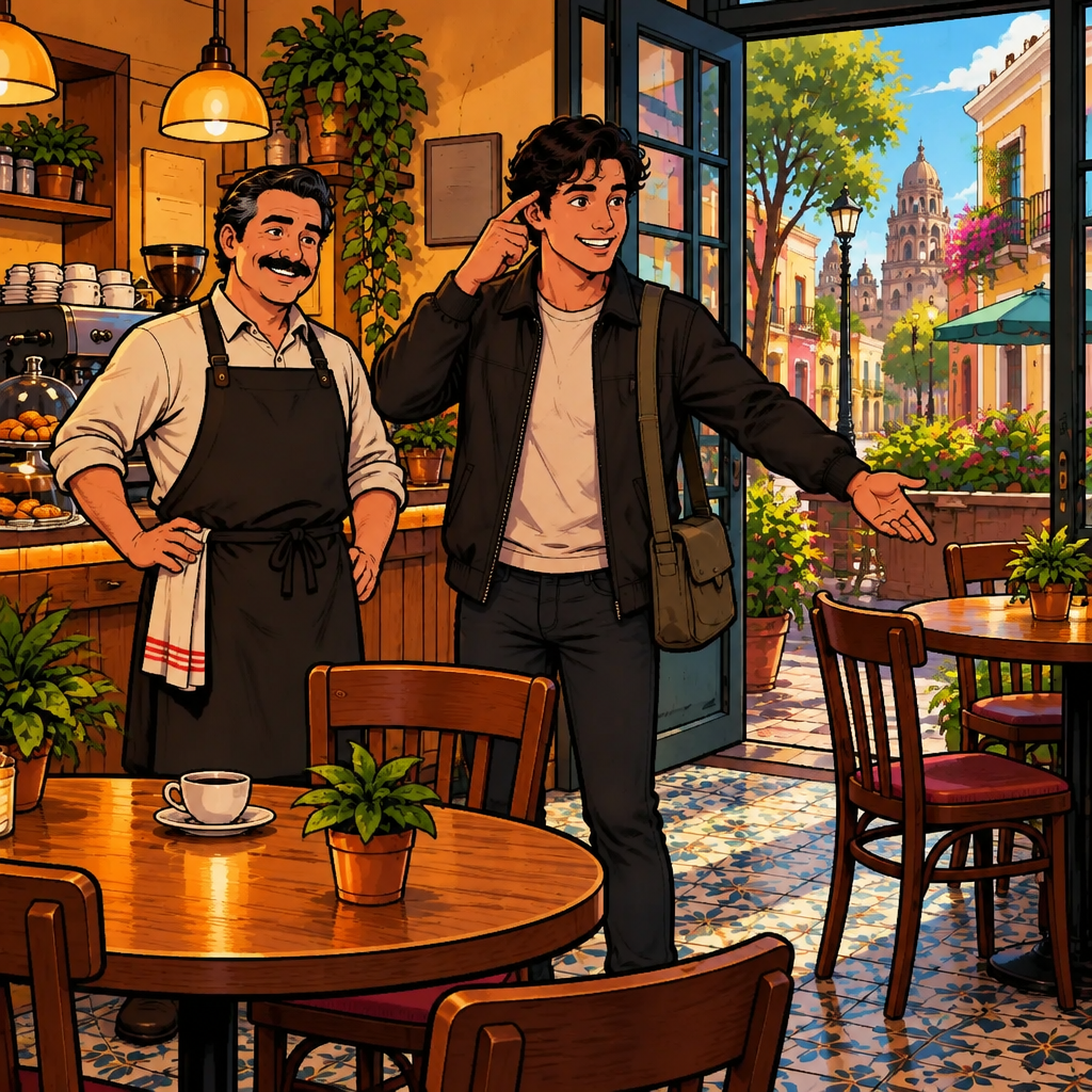 Creo que lo olvidé en ___: Justin taps his forehead and points toward a corner of the café.