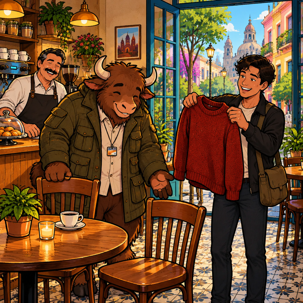 Ya lo tengo: Justin holds up his red sweater, found under Yako's second chair, with a relieved grin.