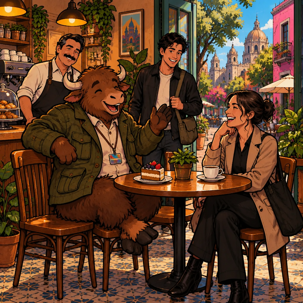 Yako sits up on his two chairs and appears to speak, wishing Amanda a great time.