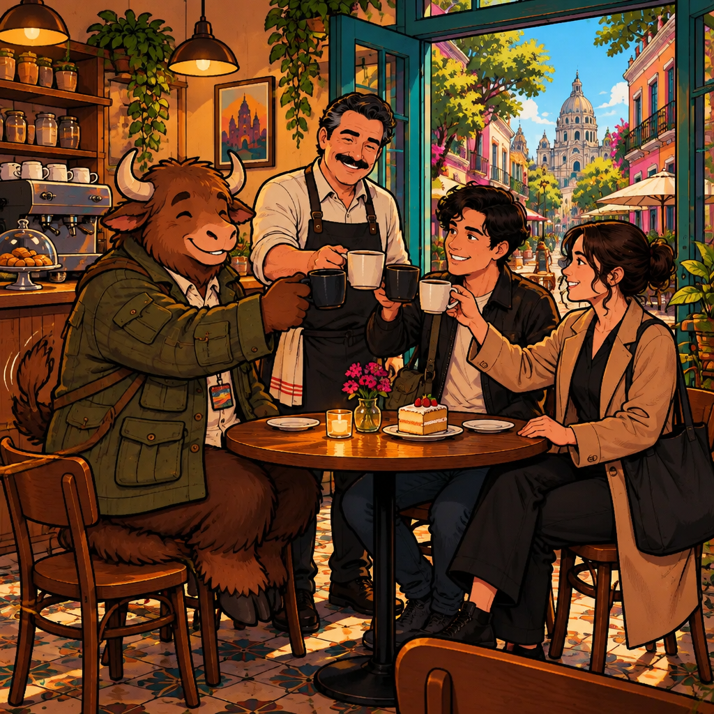 Michael clinks his coffee cup against the others' cups in a cheers.