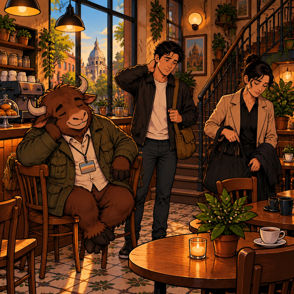 Justin, Amanda, and Yako reach the staircase inside Café Laurel, looking worn out as they prepare to go to their rooms.