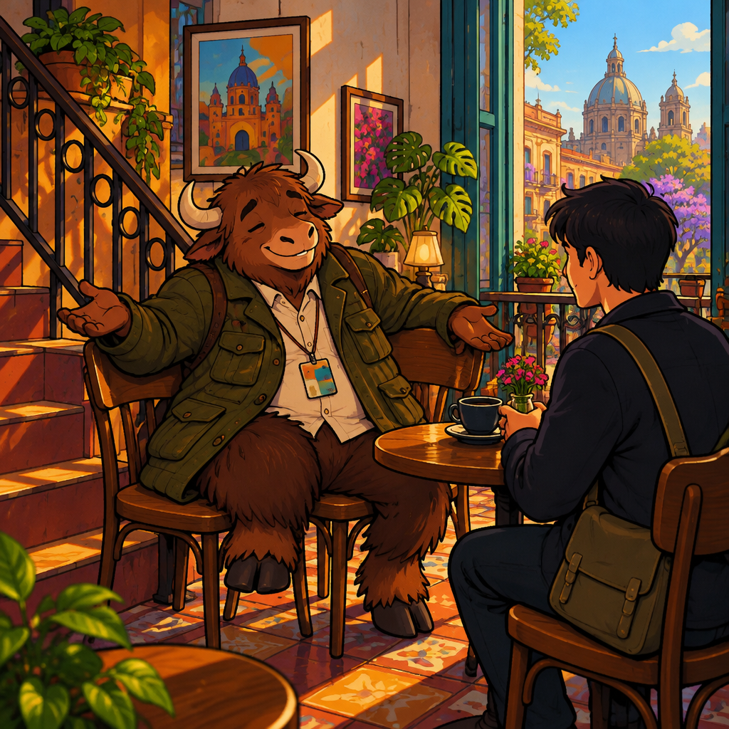 Yako slumps beside the stairs with an exaggerated reluctant shrug, expressing that he cannot be bothered.
