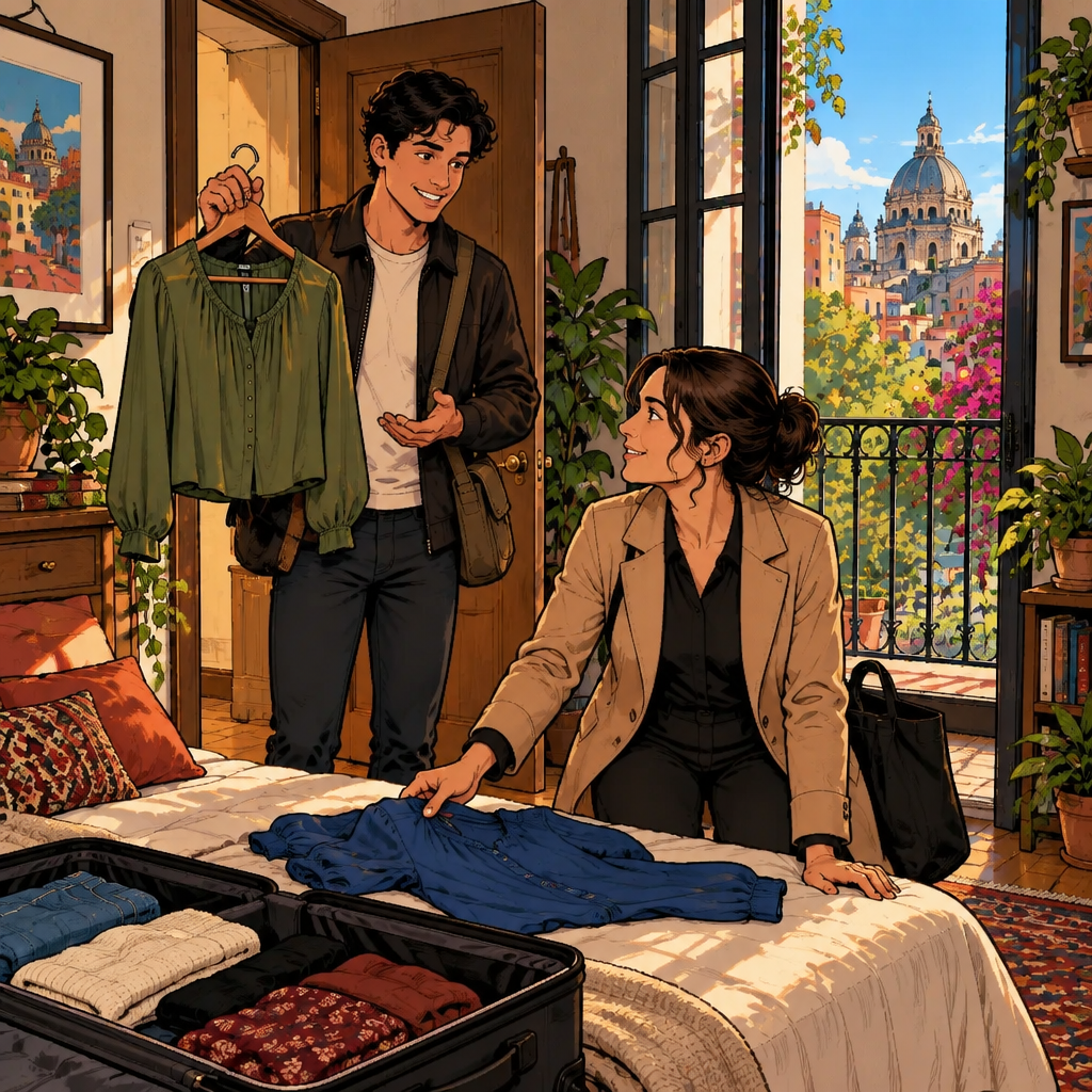 Justin makes a firm but friendly better-choice suggestion, and Amanda reaches toward the blue blouse.