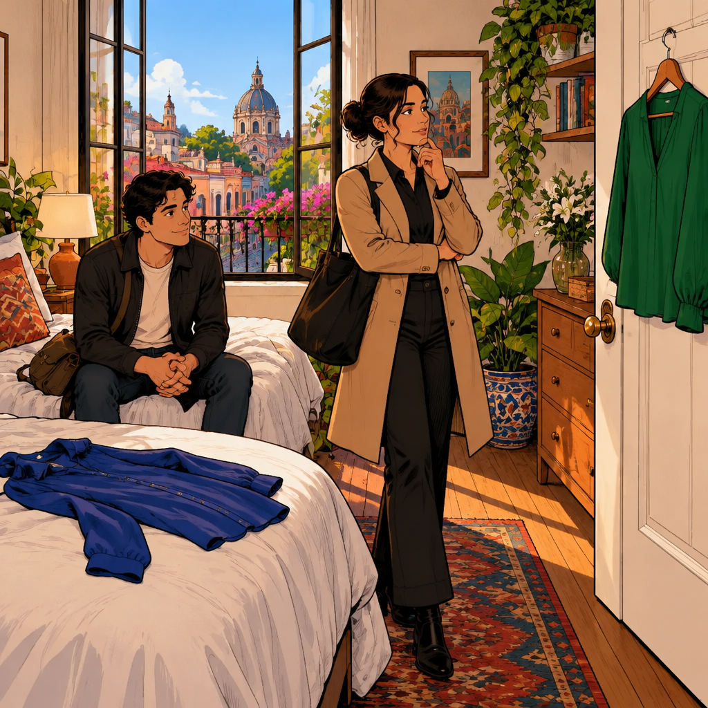 Amanda pauses to think about the blouse choice while Justin waits patiently nearby.