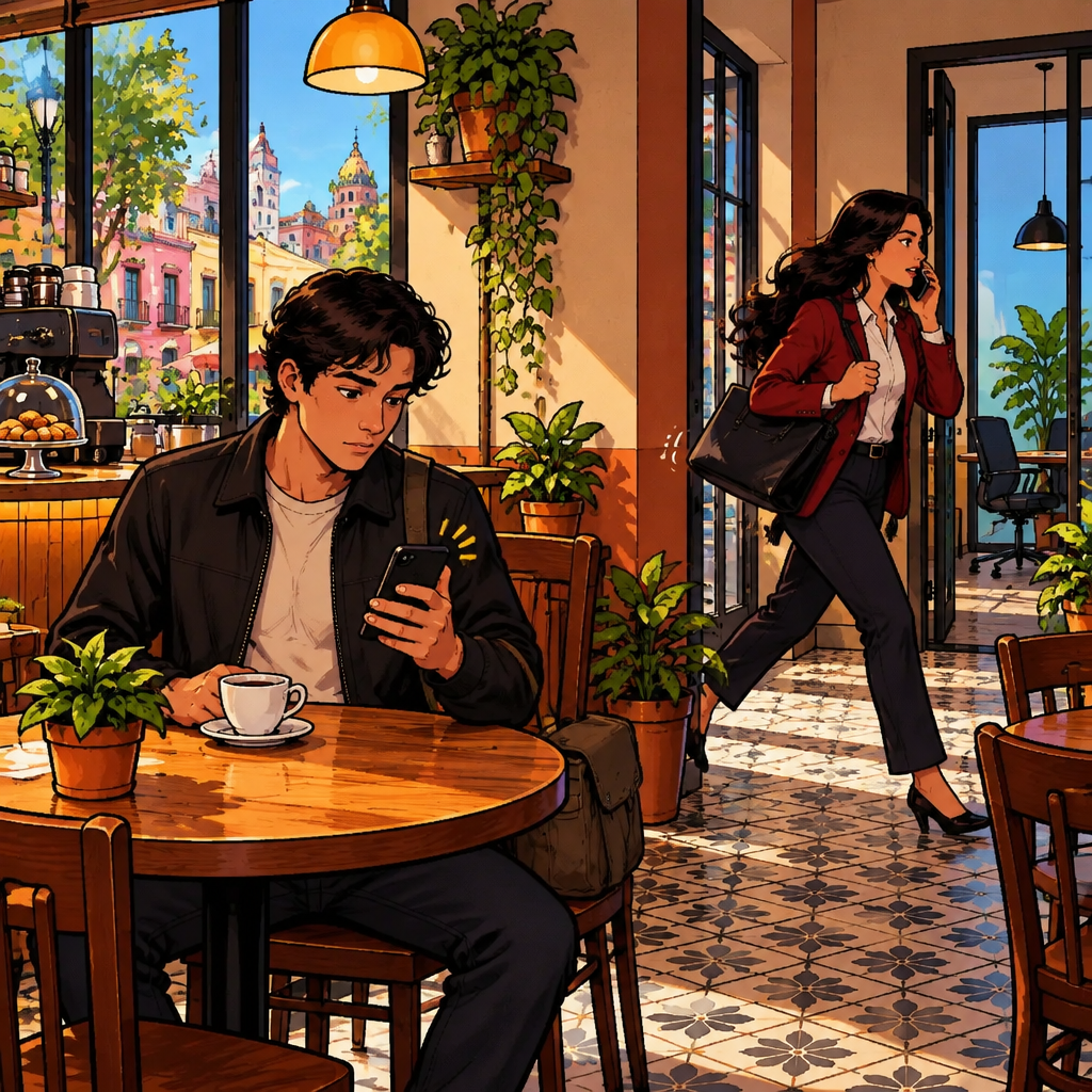 Justin works at a small table near the hallway while Alex hurries between the café and a nearby meeting room, and they nearly miss each other.