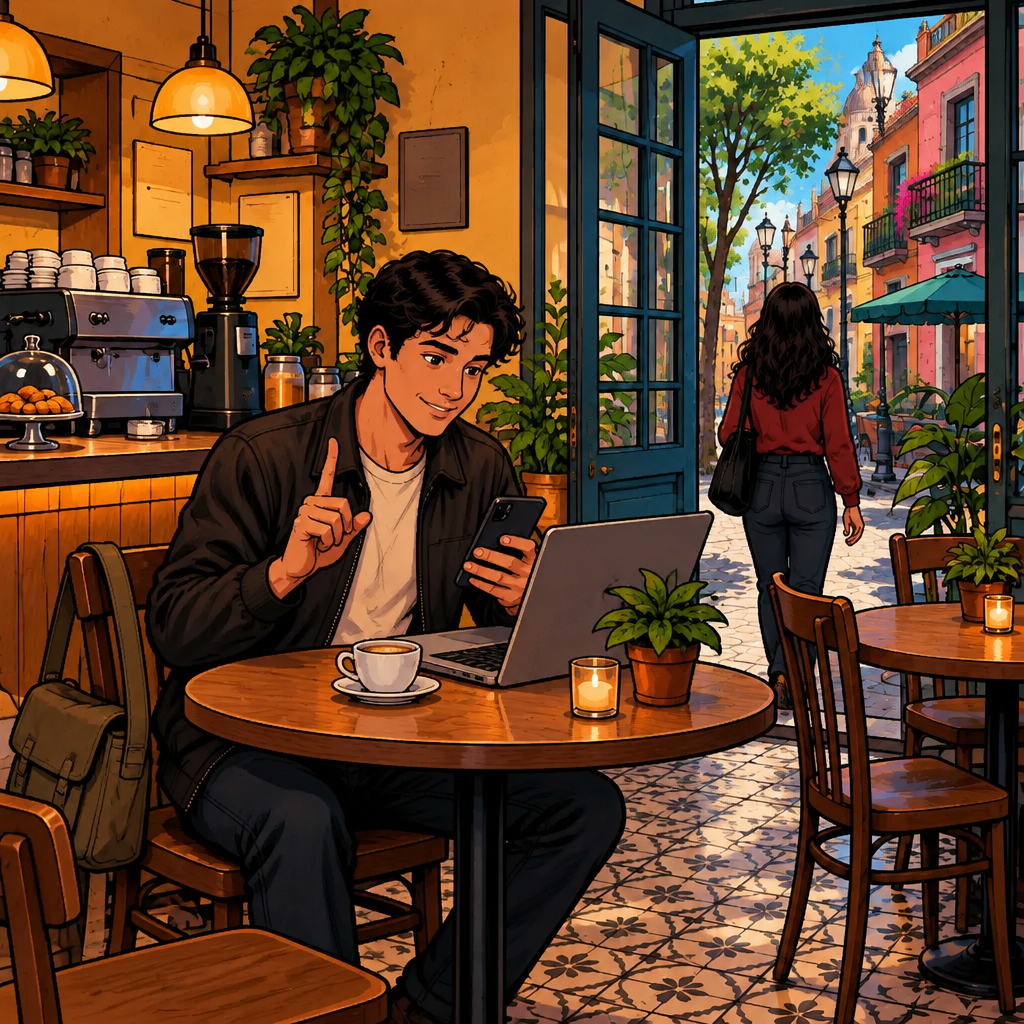 Justin gestures that he will answer soon while glancing between his phone and his work at the café table.