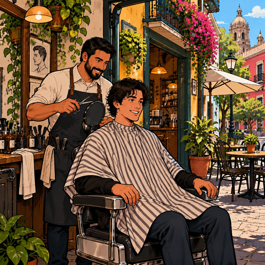 A neighborhood barber chair stands beside Café Laurel as Justin sits with grown-out hair while a barber prepares scissors and a hand mirror.
