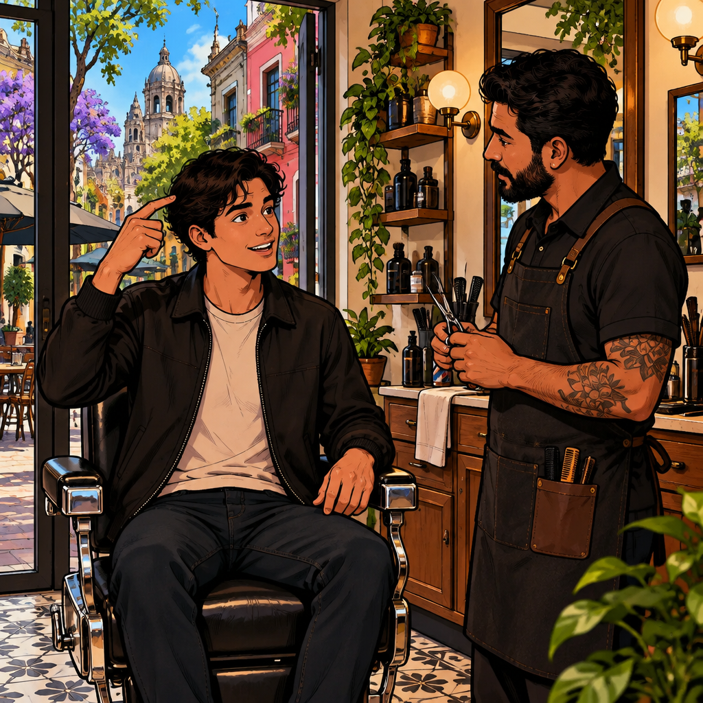Justin raises one hand and points toward his hair while asking the barber to cut it.