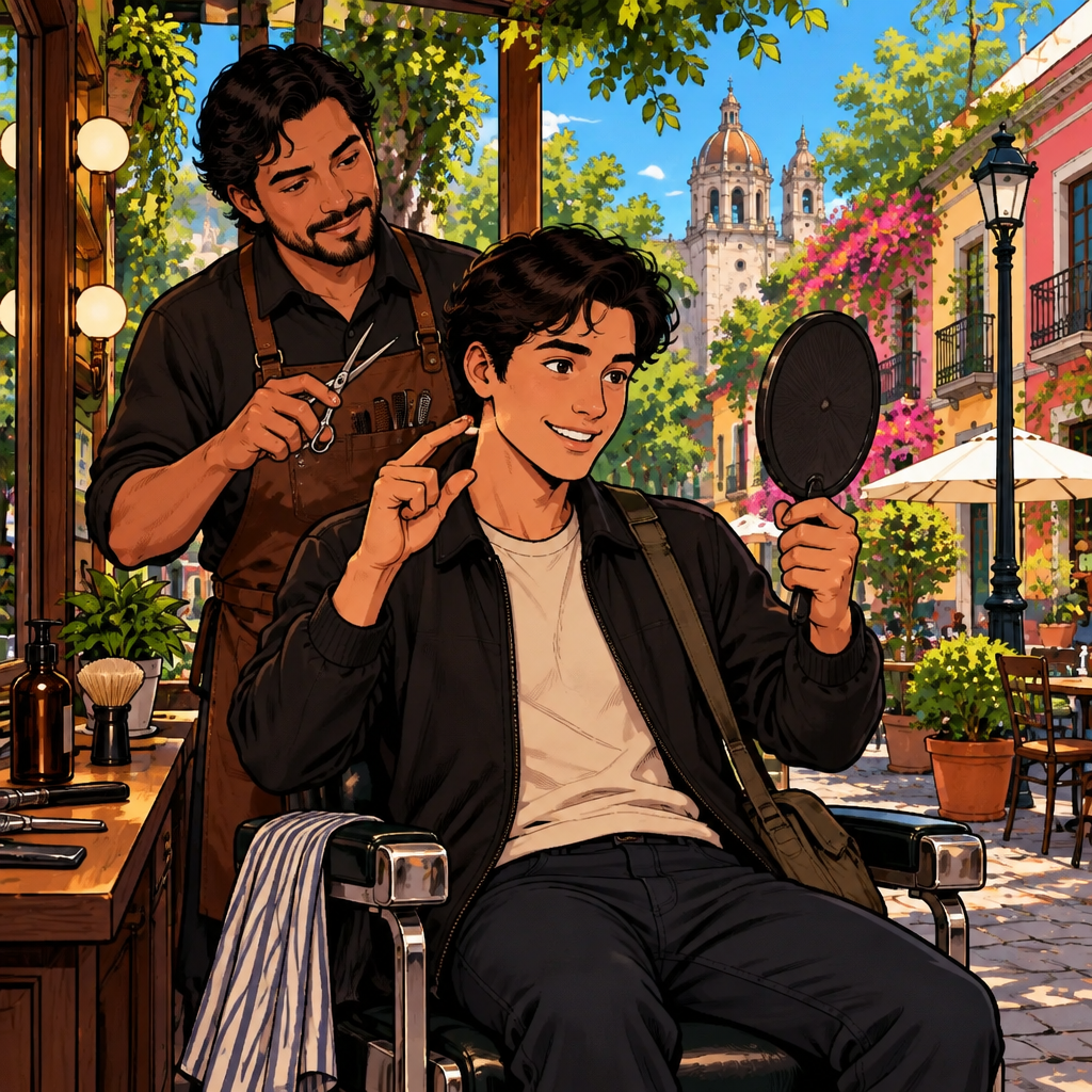 Justin studies his reflection in a hand mirror and gestures with two fingers to request a little more length removed.