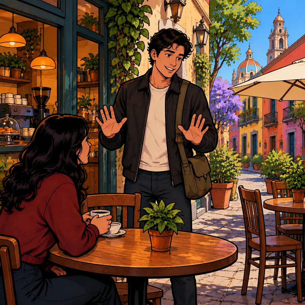 Justin gently shakes his head and holds out both palms to show that he has nothing against Jory.