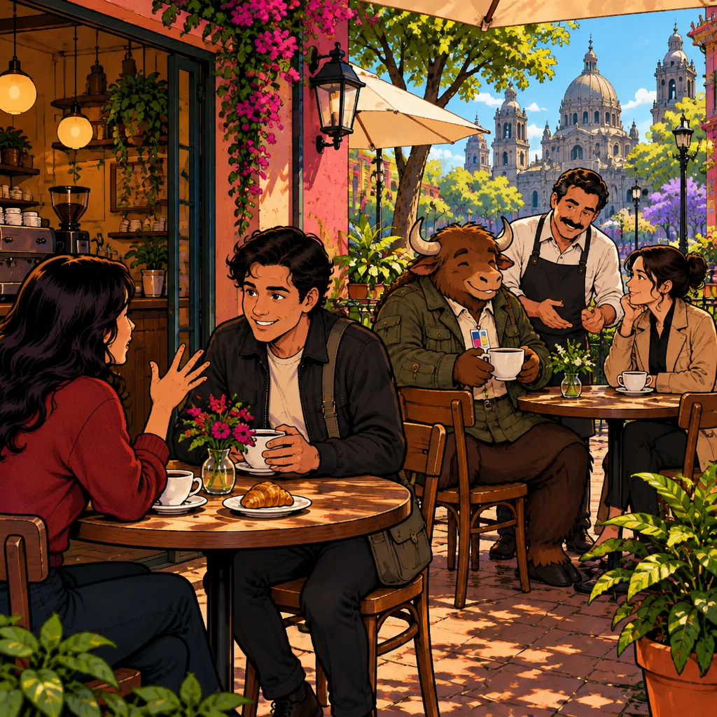 At Café Laurel, Megan pauses while telling Justin a weekend story, and a lively neighboring table listens and chats beneath a clear blue sky.