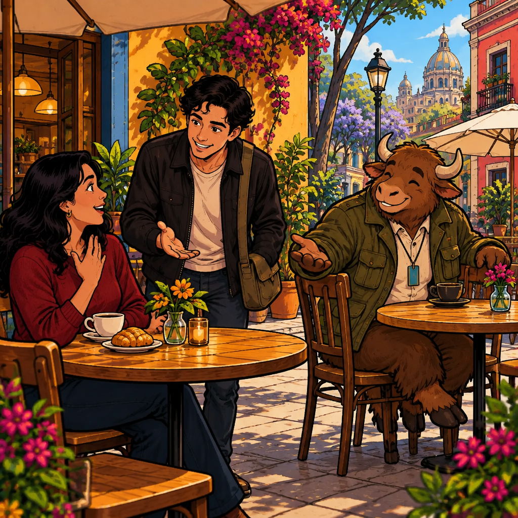 Justin urges Megan to continue, while Yako quietly echoes the same curious request from the neighboring table.