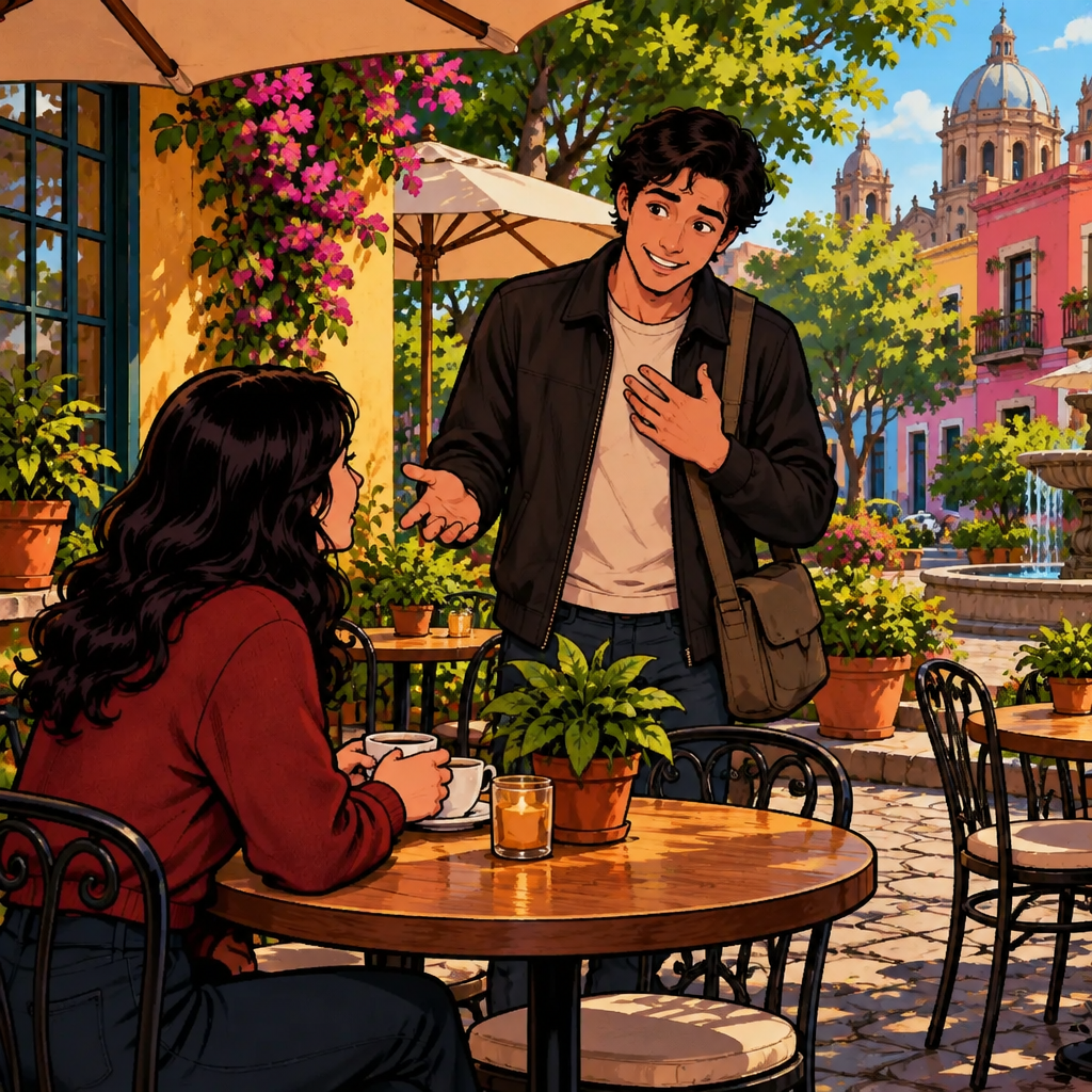 Justin asks Megan what she did during her weekend, pointing inquisitively toward her.