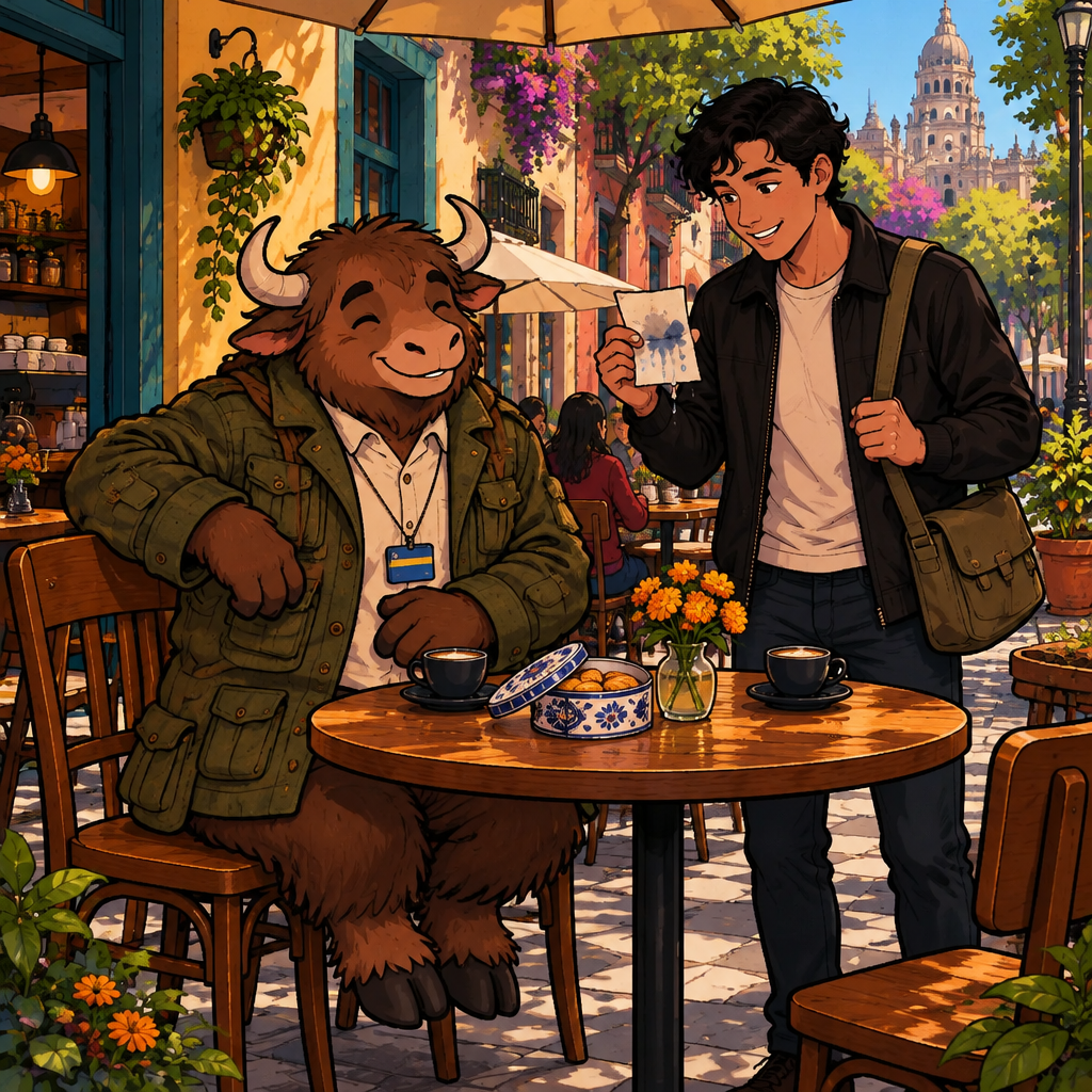 At Café Laurel, Justin holds a small smudged note from an open cookie tin while Yako sits nearby looking proud.