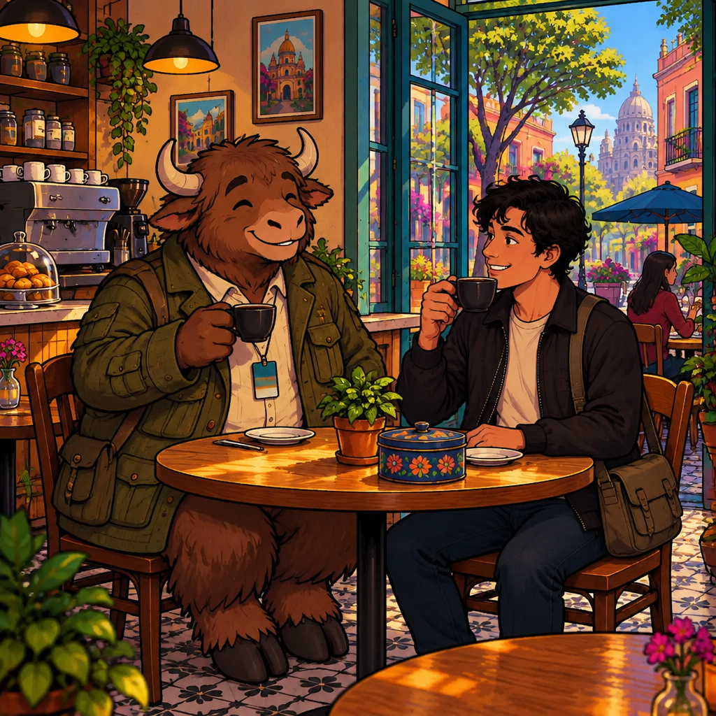 Yako smiles gratefully at Justin, raising his cup slightly toward him.
