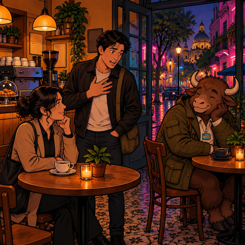 Justin, standing beside the corner table and catching his breath, gestures regretfully at himself, palm to chest, while Amanda listens kindly and Yako eavesdrops nearby.