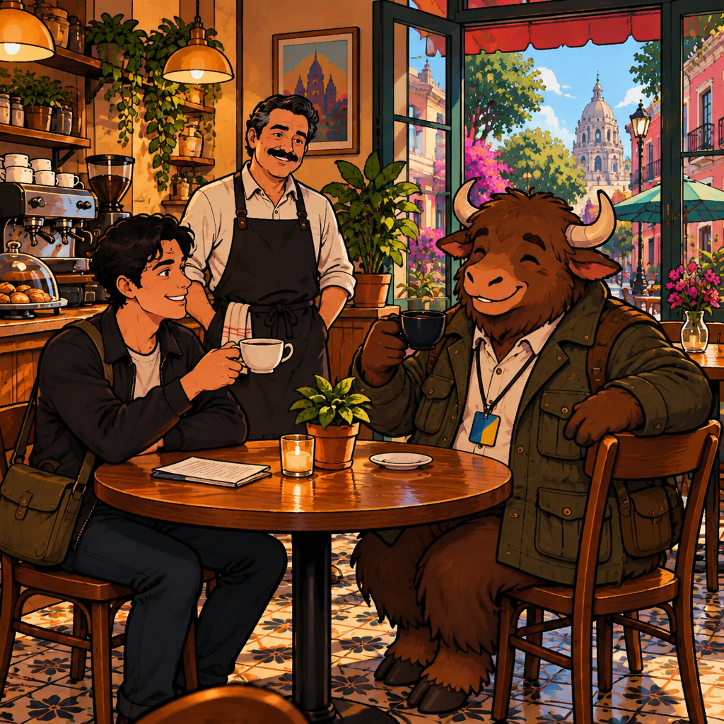 Justin smiles and raises his coffee cup in thanks while the neighbours stand relaxed around the table.