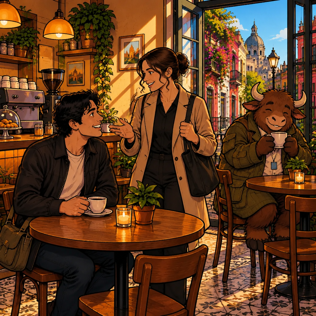 Amanda arrives at Justin's table with news while Yako is busy with his cup at the next table.
