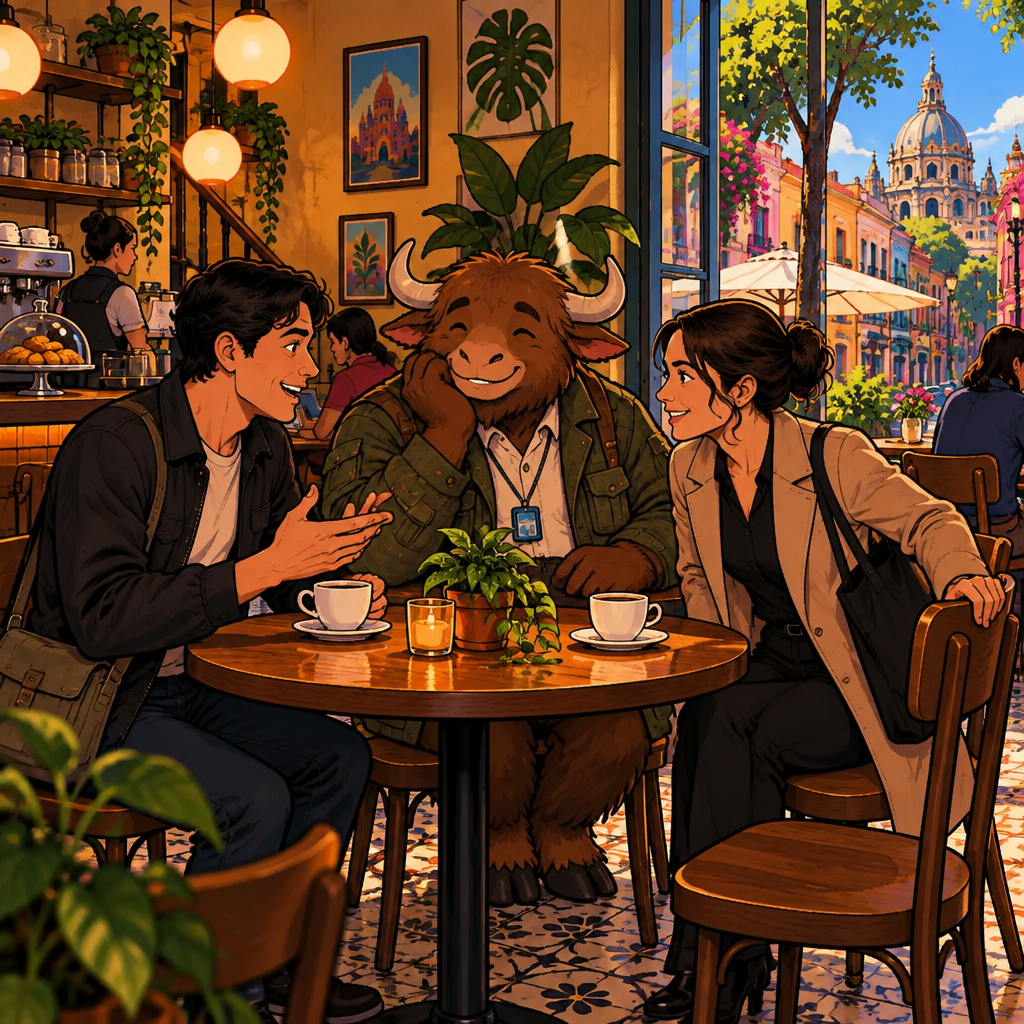 Justin, coffee in hand, begins telling Amanda, who has just come downstairs, about his weekend, while Yako listens from his two chairs.