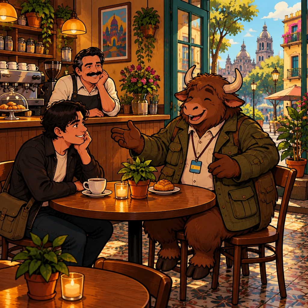The café scene with Yako on two chairs, Justin at a half-finished coffee, and Michael leaning on the counter.