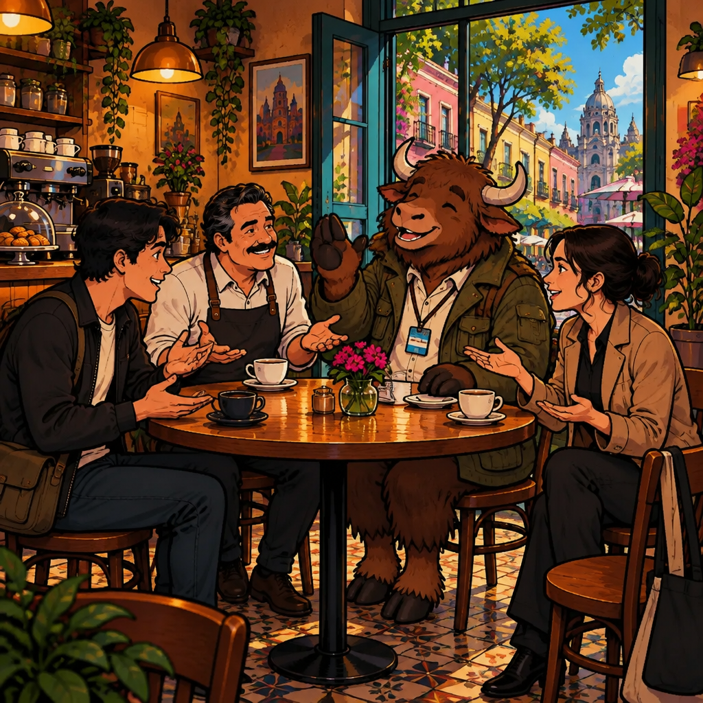 Four friends at a Café Laurel table with coffee, clearly disagreeing about a schedule while staying friendly.