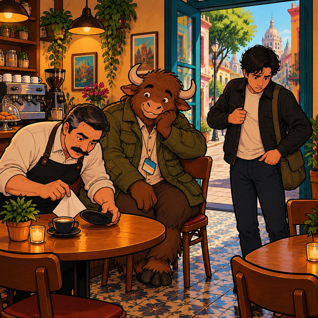 Justin pats his pockets near the café entrance while Michael searches the table and Yako watches from two chairs.